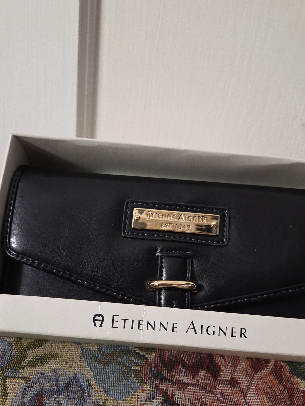 Etienne Aigner Black Leather Clutch with Gold Plaque
